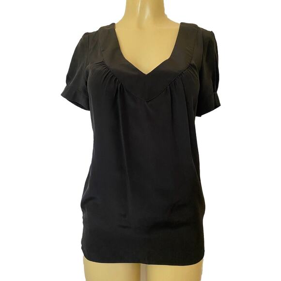 NWT Rory Beca Silk Top Blouse Black V Neck Short Sleeve Slip Pockets XS - Picture 1 of 8